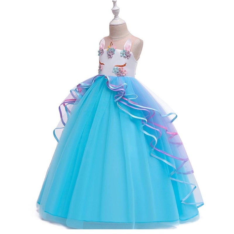 HIHCBF Girls Unicorn Costume Pageant Princess Party Dress Wedding Birthday Halloween Carnival Long Maxi Gown w/Headband Blue 4-5T - Image 3